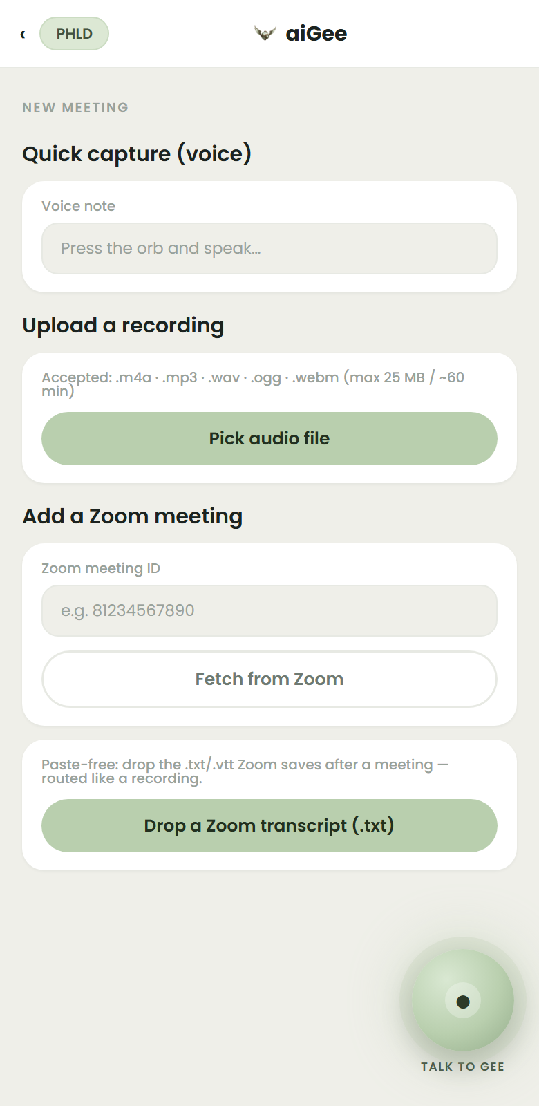 aiGee app — new meeting, the Talk to Gee voice orb