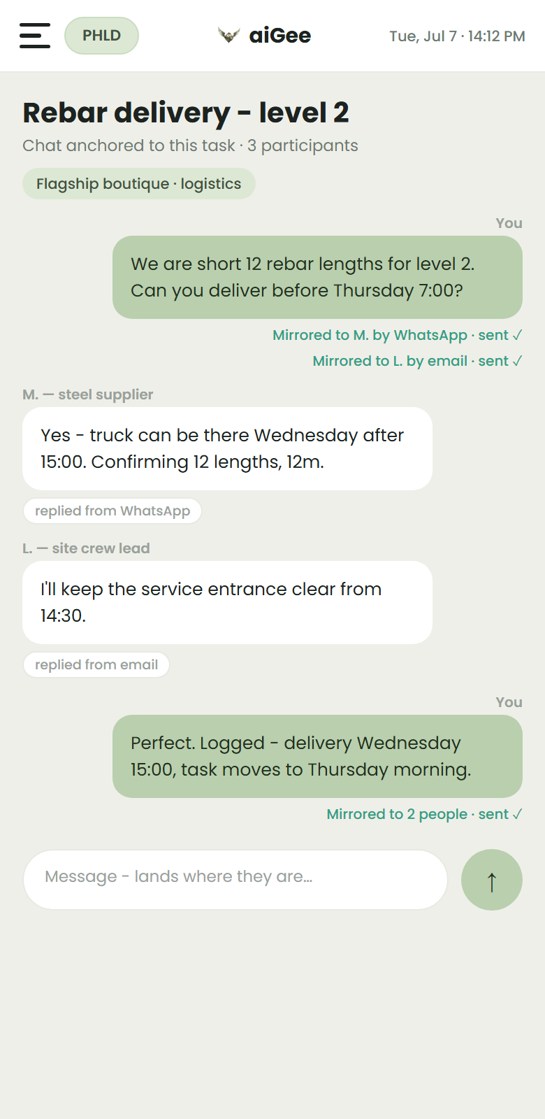 aiGee — Chat — one thread: email, WhatsApp, Telegram
